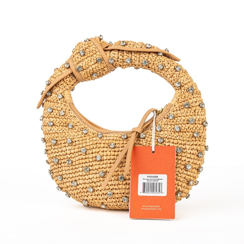 NWT Poolside Josie Bling Raffia Top-Handle Knotted Bag Crystals Natural - Picture 6 of 8